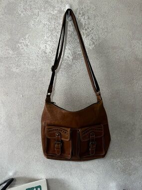 Patricia Nash Brown Leather Shoulder Bag with Buckle Front Pockets